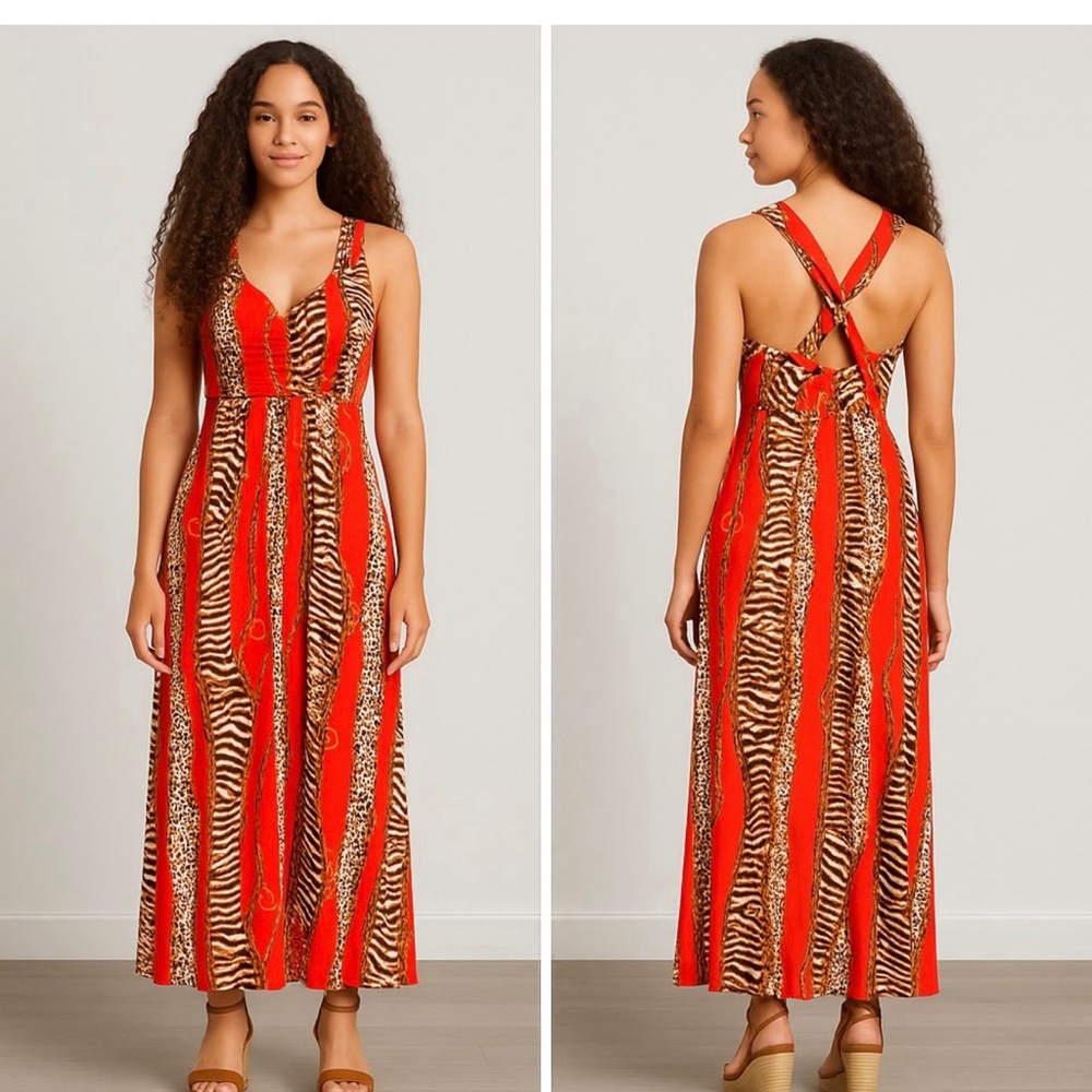 Mlle Gabrielle Red and Brown Zebra Print Maxi Dress